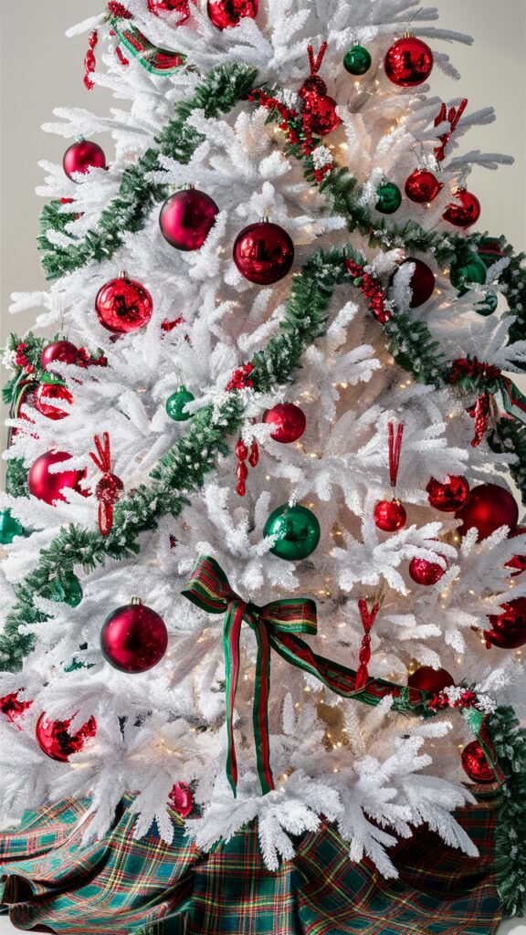 white christmas tree with red and green ornaments ideas