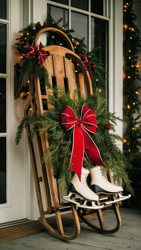 christmas porch decor with sled