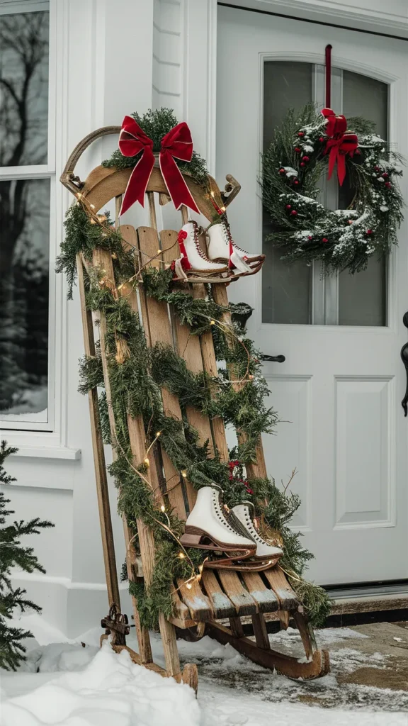 christmas porch decor with sled