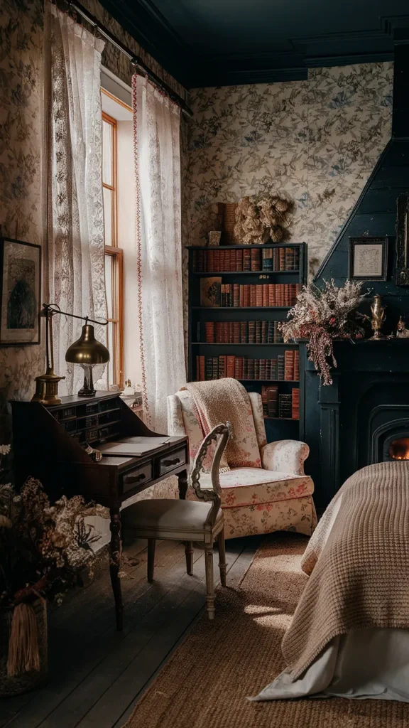 cottage core x dark academia bedroom