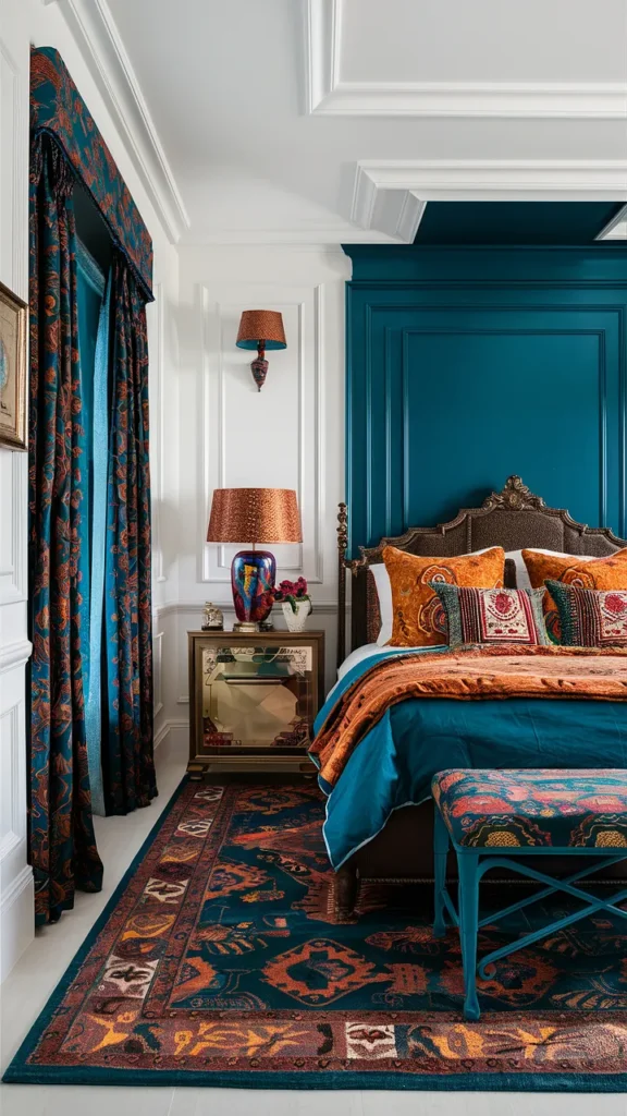 dark teal and burnt orange bedroom