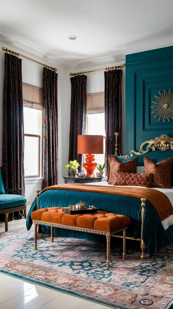 dark teal and burnt orange bedroom