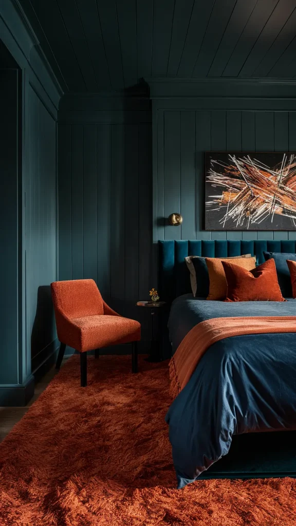 dark teal and burnt orange bedroom