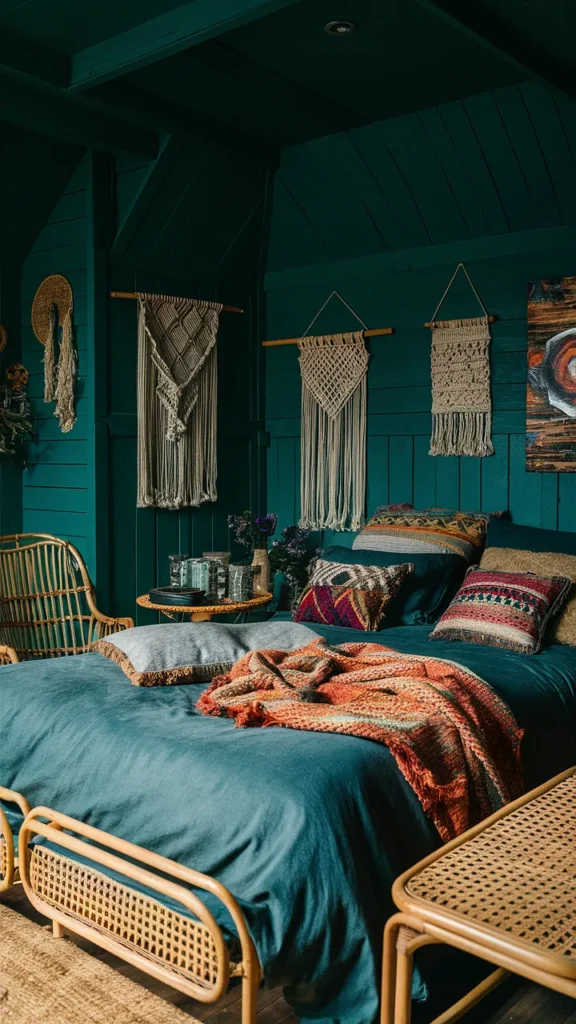 dark teal bedroom boho