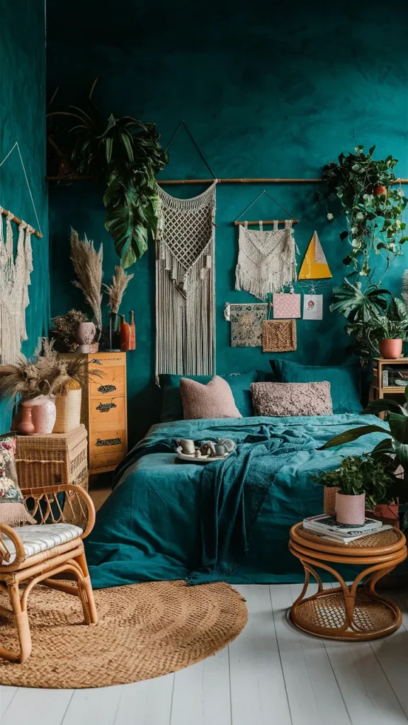 dark teal bedroom boho