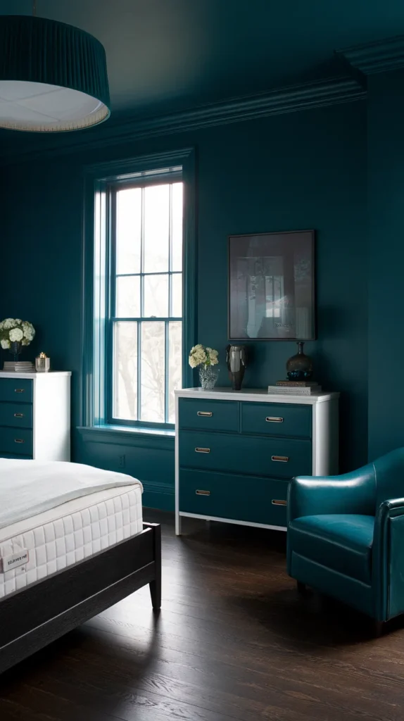 dark teal bedroom moody