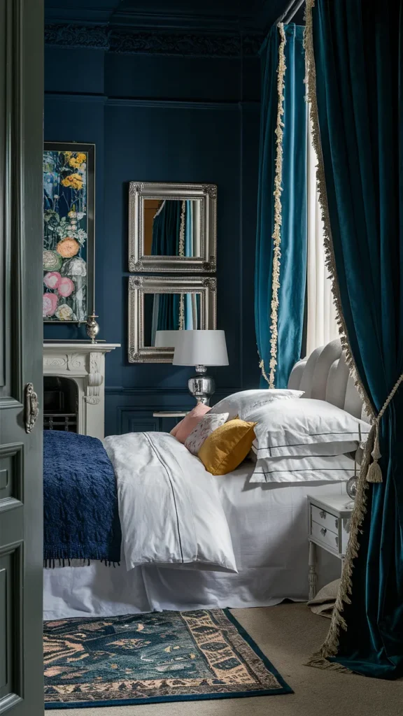 navy and dark teal bedroom