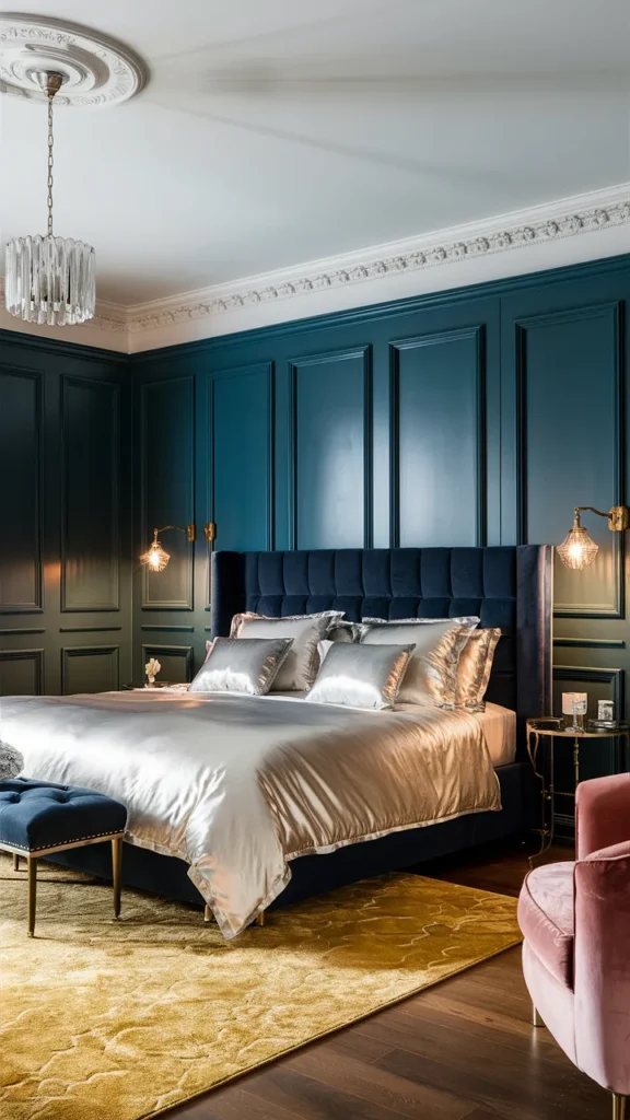 navy and dark teal bedroom