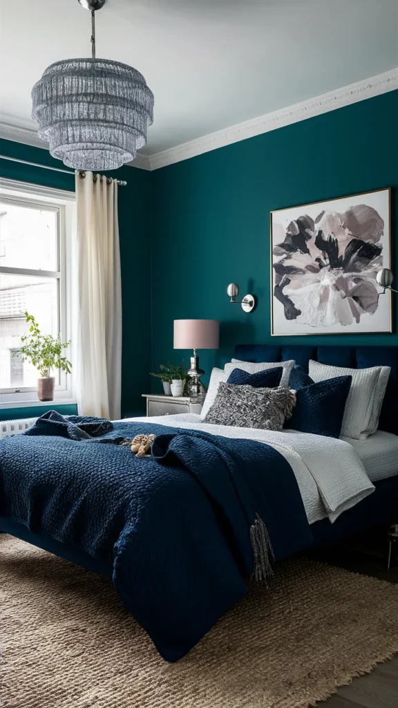 navy and dark teal bedroom