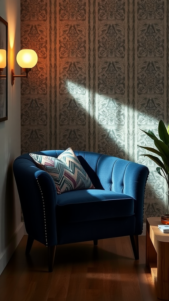 A cozy navy art deco-inspired accent chair with a patterned cushion, complemented by warm lighting and elegant wallpaper.