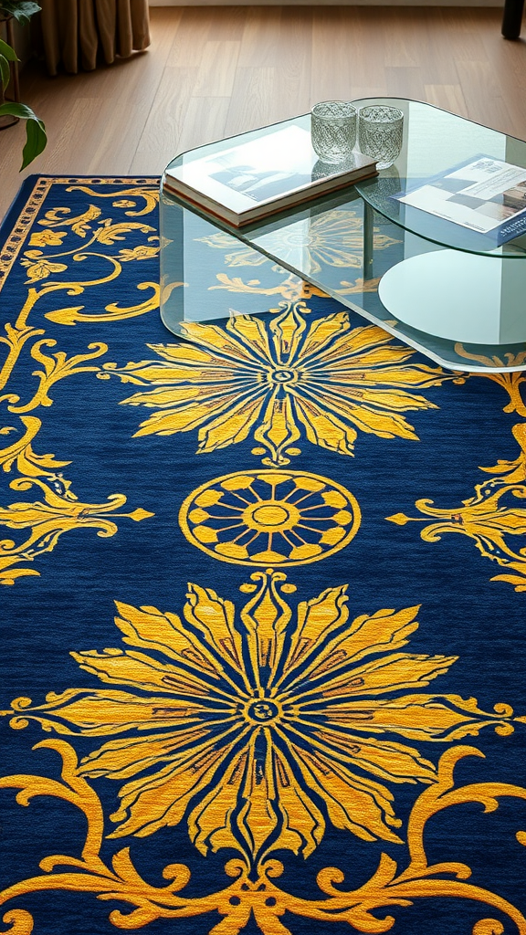 Art deco inspired area rug with navy background and golden motifs.