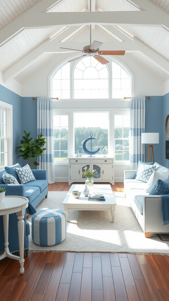 Bright blue living room with white accents and large windows