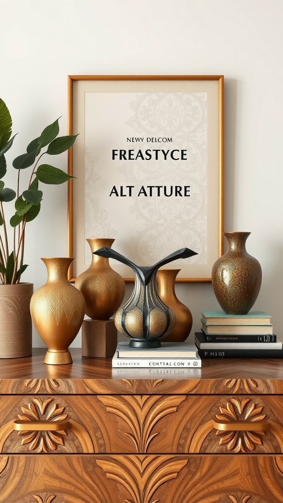 Art deco accessories on a wooden dresser with vases and framed artwork