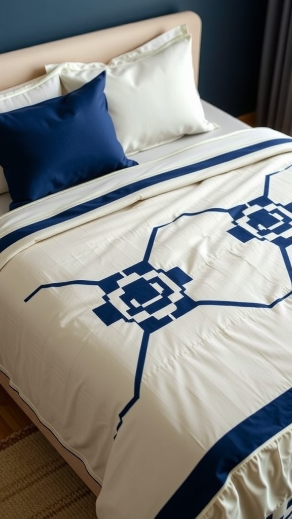 Chic art deco bedspread with navy blue patterns on a cream background on a bed.