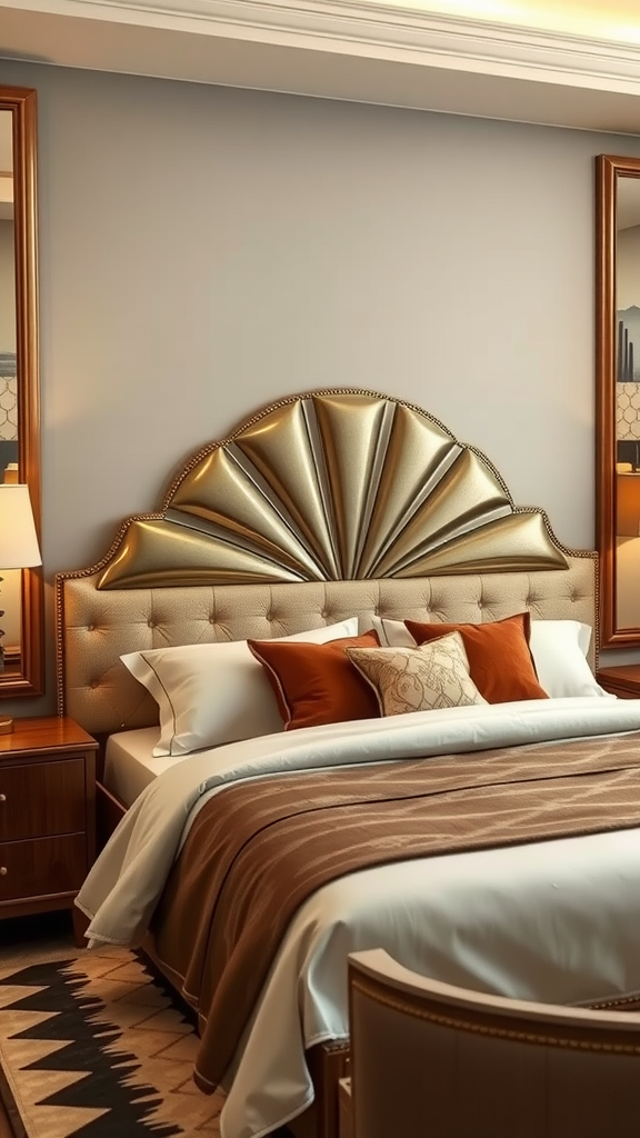 Art deco bedroom featuring a grand sunburst headboard, elegant bedding, and stylish nightstands