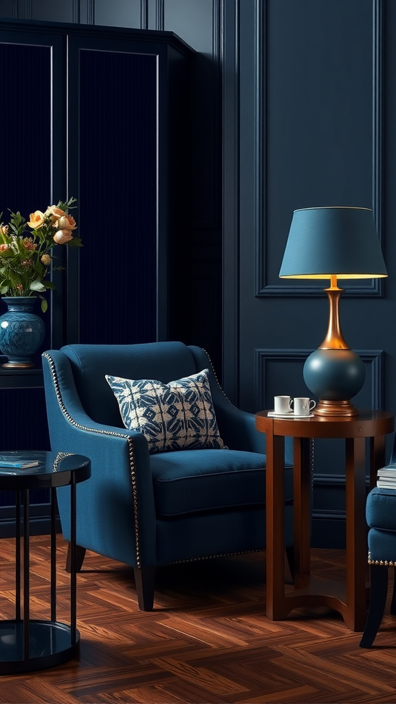Classic Art Deco style furniture in a navy-themed bedroom featuring a blue chair, patterned cushion, side table, and lamp.