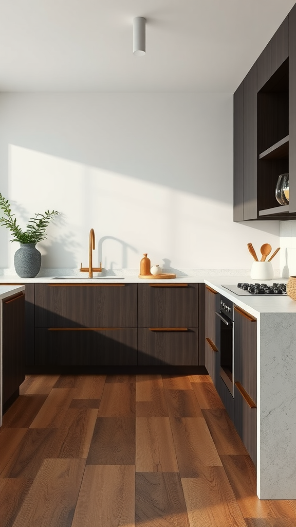 A minimalist kitchen featuring dark wood cabinetry and light countertops, with natural lighting.