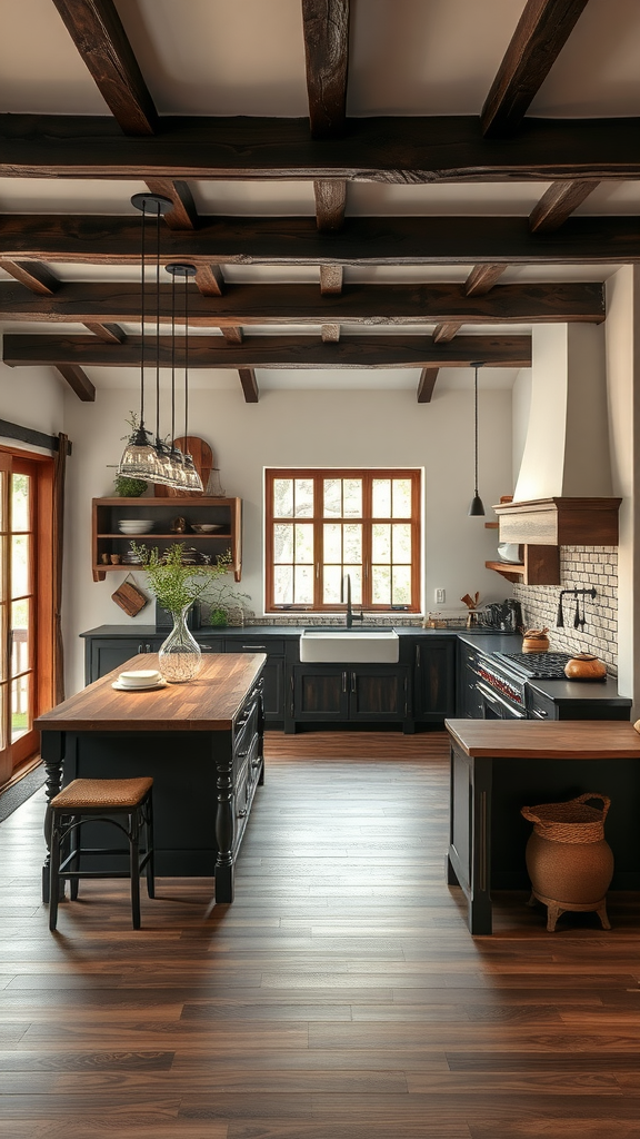 A beautifully designed kitchen featuring dark wood beams and cabinetry, with natural light coming through the windows.