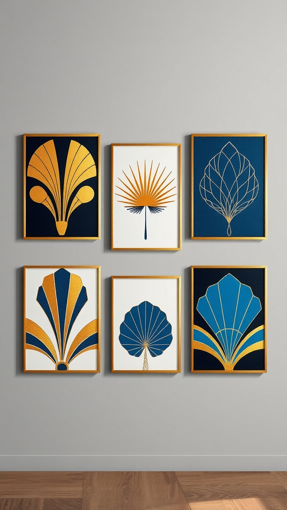 A collection of six Art Deco wall art pieces in navy and gold.