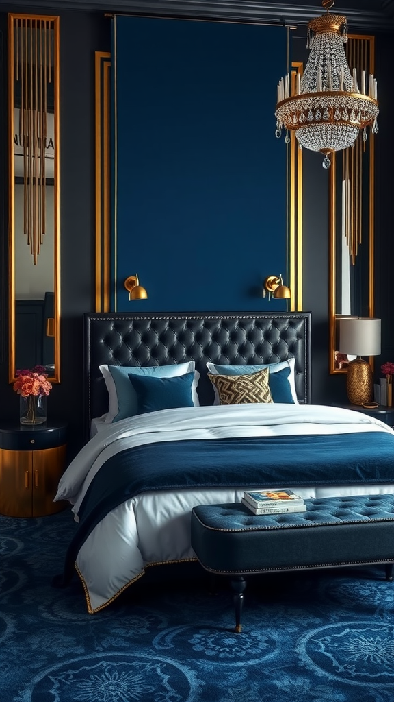 Art deco bedroom with deep blue walls, a luxurious bed, and elegant gold accents.