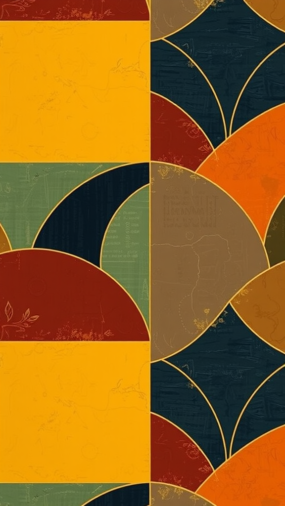 Geometric pattern with vibrant colors including orange, green, and blue.