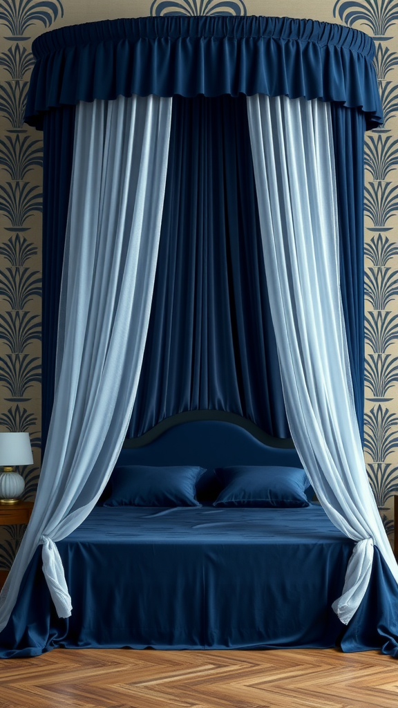 A navy blue canopy bed with soft drapes, set against a decorative wall.