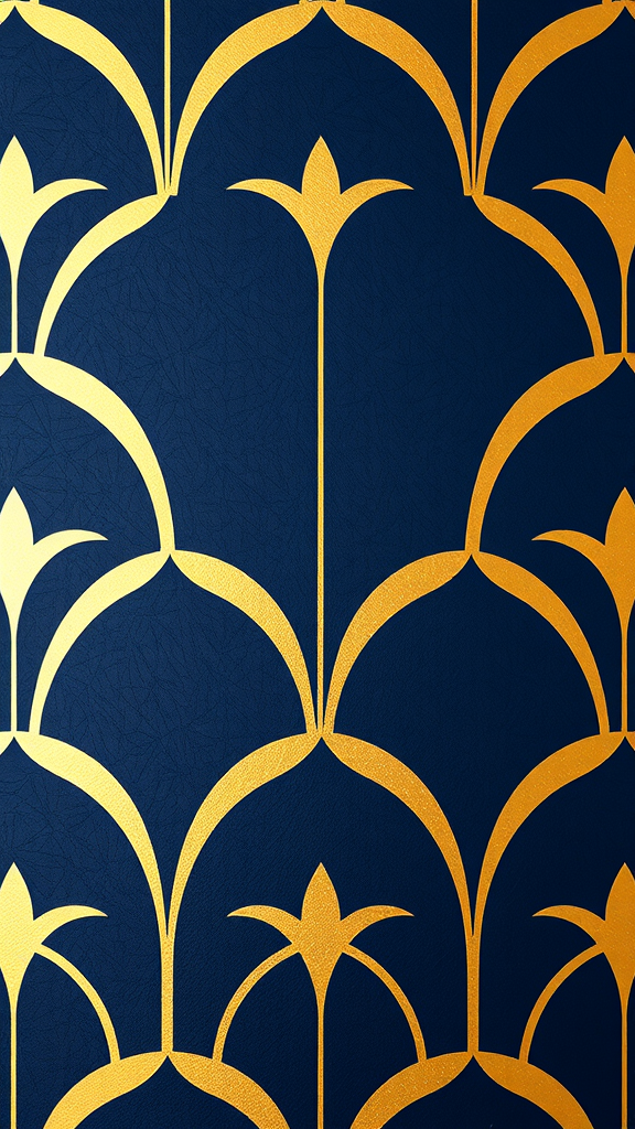 Geometric Art Deco wallpaper featuring navy blue and gold design