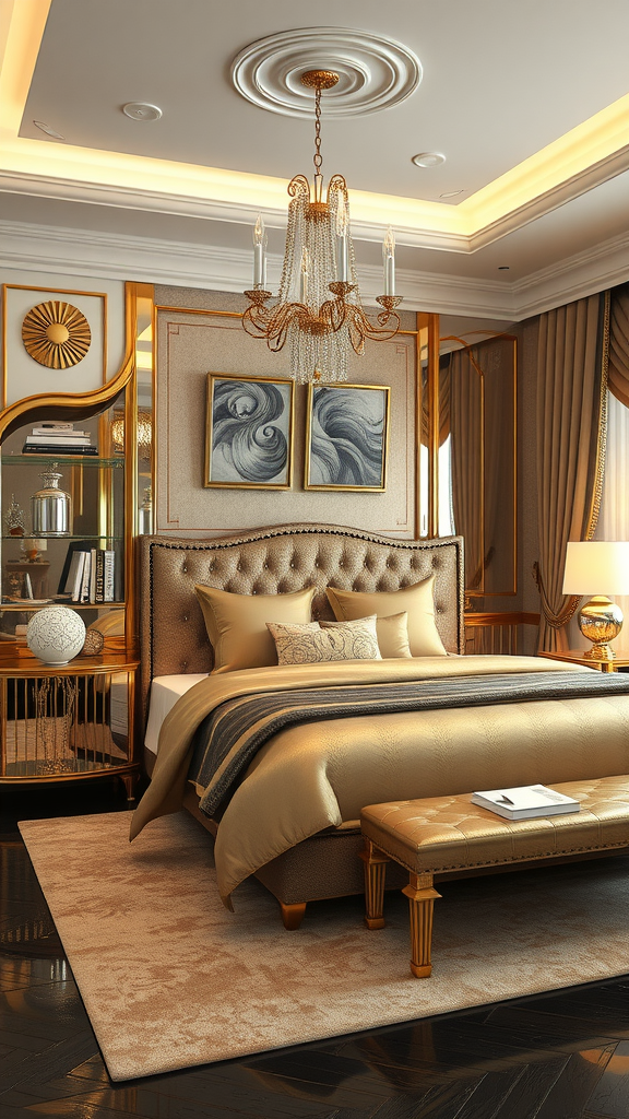 A luxurious art deco bedroom featuring gold tones, elegant chandelier, and plush bedding.