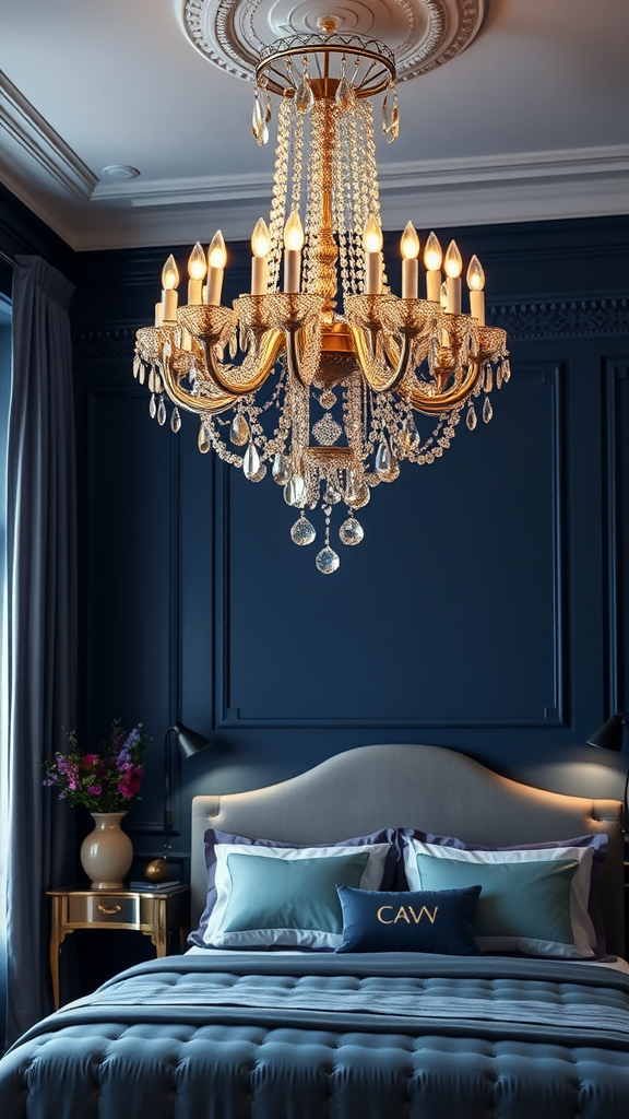 A glamorous crystal chandelier hanging in a navy art deco bedroom, illuminating the space with warm light.