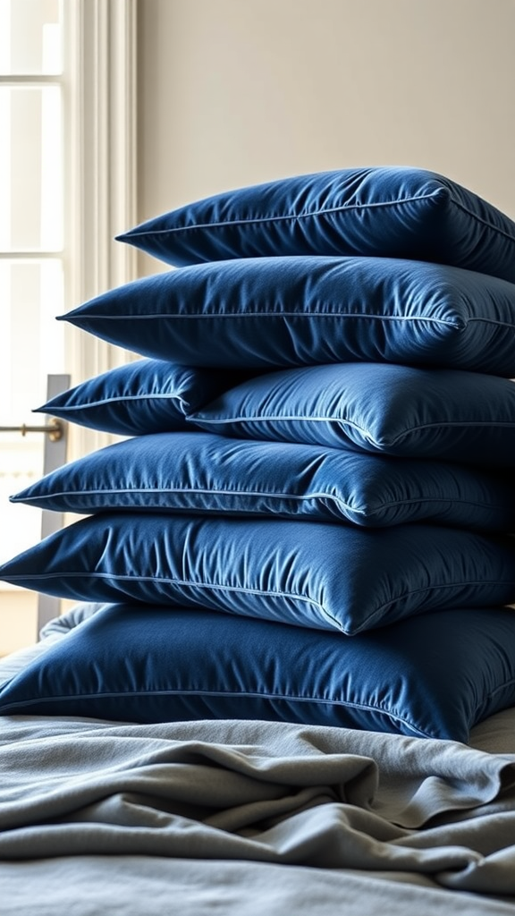 Stack of luxurious navy velvet throw pillows on a bed