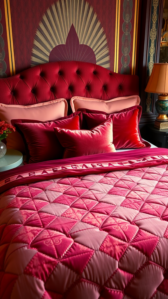 Luxurious velvet bedding in red and pink tones with tufted headboard and decorative pillows