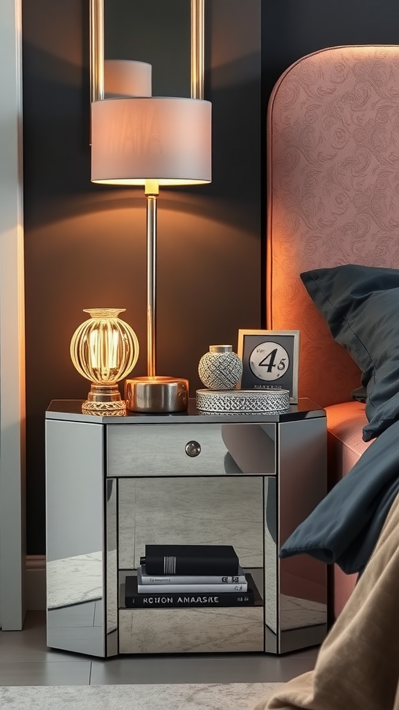 A stylish mirrored nightstand in an art deco bedroom, featuring a lamp and decorative items.