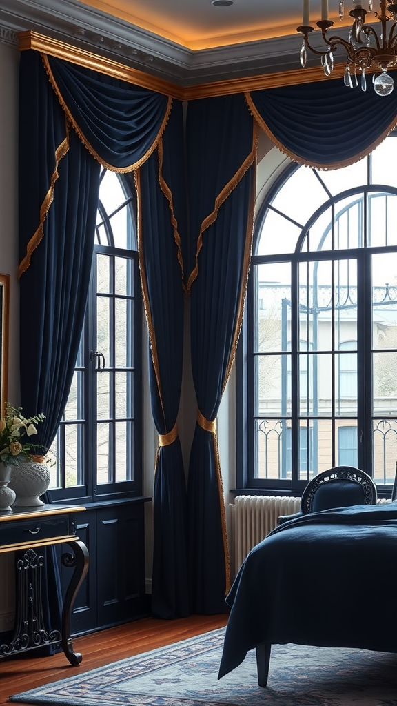 Navy drapes with gold trim in a stylish bedroom setting
