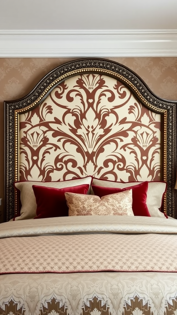 A luxurious headboard with intricate patterns in maroon and cream colors, featuring ornate detailing and rich bedding.