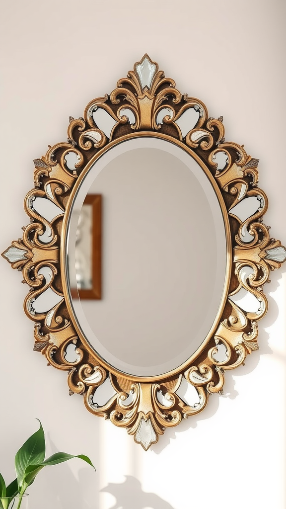 An ornate decorative mirror with intricate gold detailing, placed against a light-colored wall.