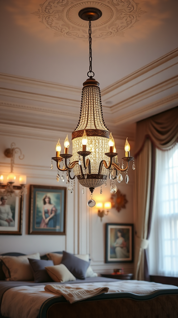 A beautiful chandelier hanging in a well-decorated bedroom, showcasing an elegant design with a cozy ambiance.