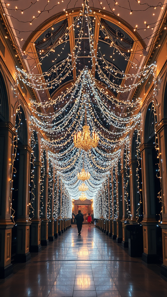 A beautifully decorated hallway with fairy lights and chandeliers, creating a magical atmosphere.