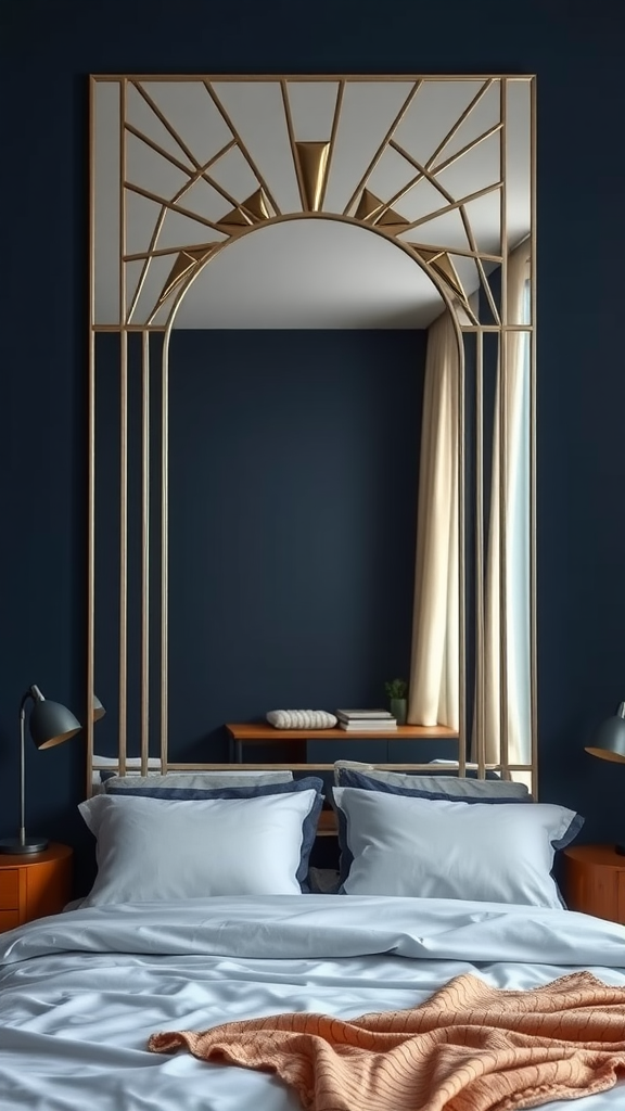 A luxurious Art Deco style mirror above a bed in a navy bedroom