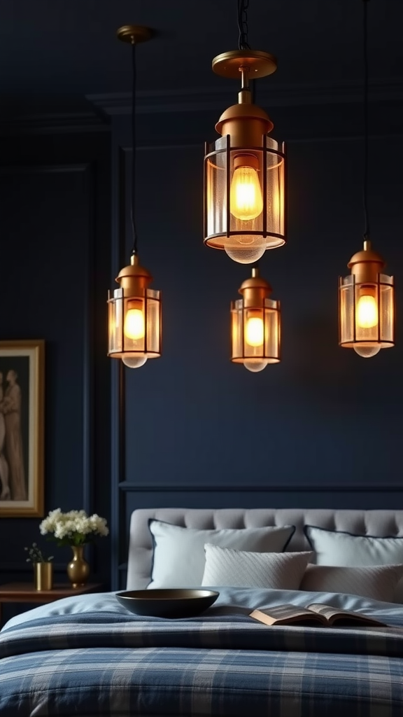 Stylish Art Deco lighting fixtures hanging above a bed in a navy-themed bedroom.