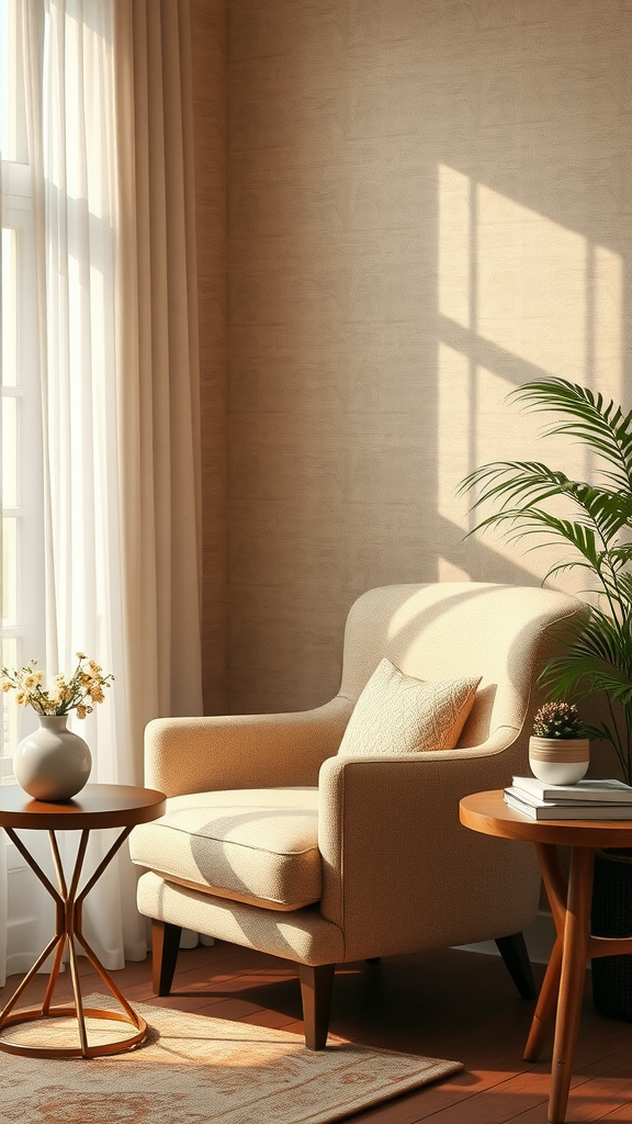 Cozy seating area featuring a plush armchair, side table with flowers, and bright sunlight