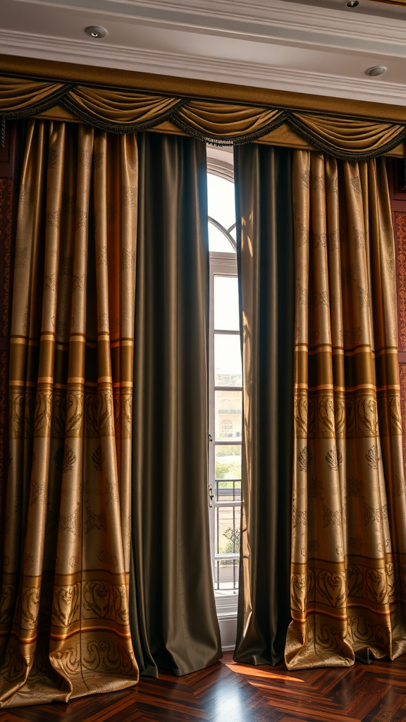 Elegant gold and green curtains in an art deco bedroom.