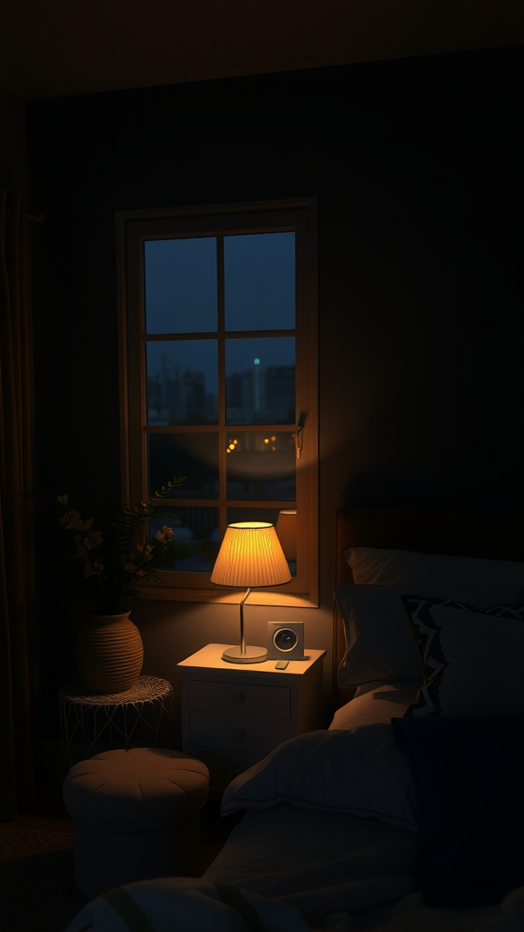 Cozy bedroom with night lighting, featuring a lamp, plant, and window view