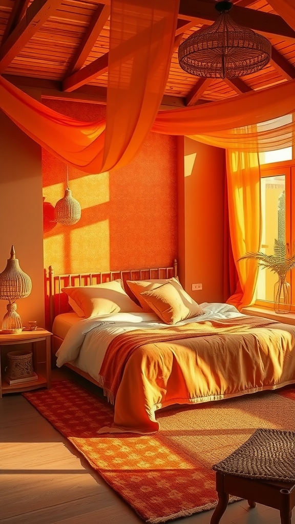 A warm and inviting boho bedroom with orange tones and soft textures.