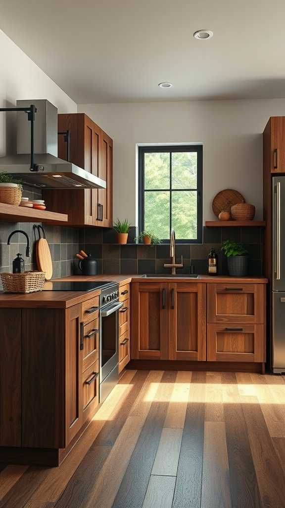A modern kitchen featuring reclaimed dark wood cabinetry and accents, with plants and a cozy atmosphere.