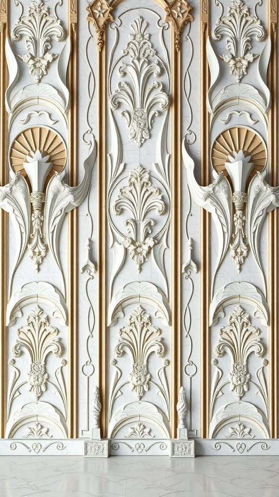 Intricate textured wall design in white and gold