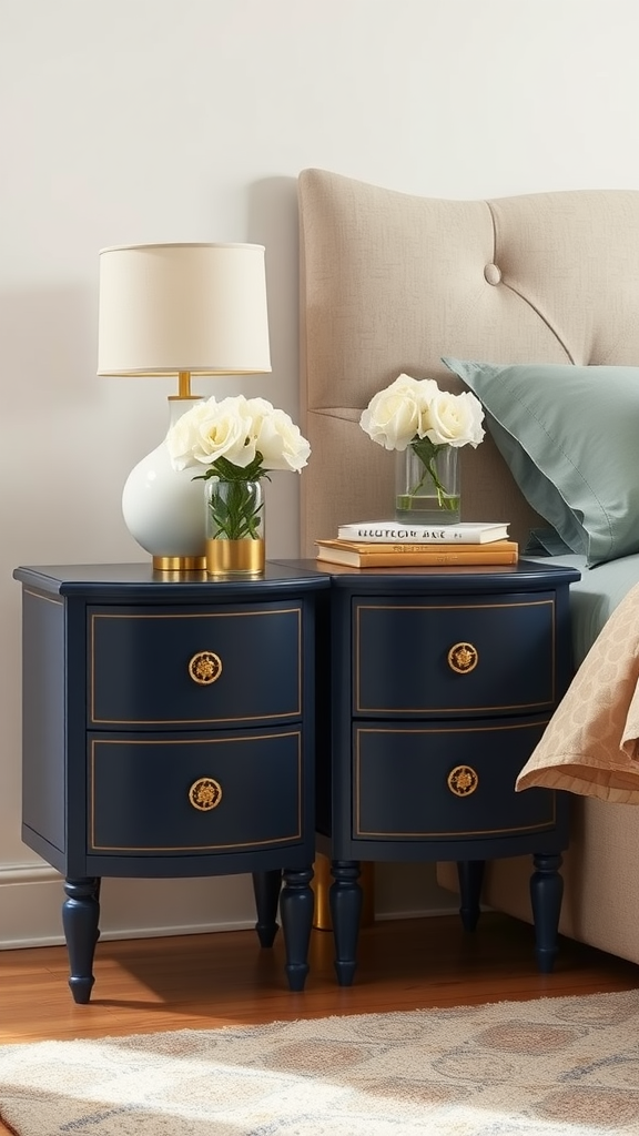 Vintage-inspired navy blue nightstands with gold accents and white roses