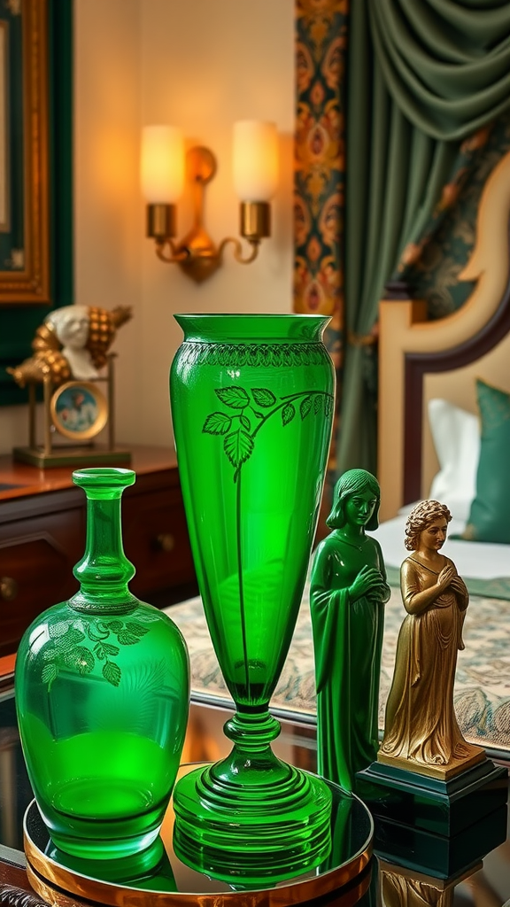 A collection of vintage Art Deco accessories including emerald glass vases and decorative figurines