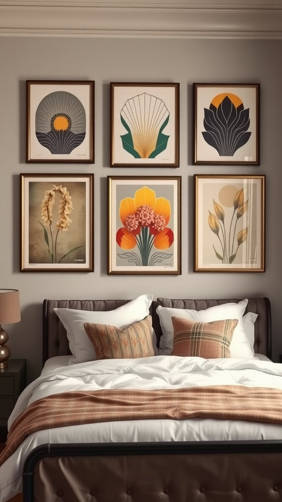 A cozy bedroom with vintage artwork framed and displayed on the wall above a neatly made bed.