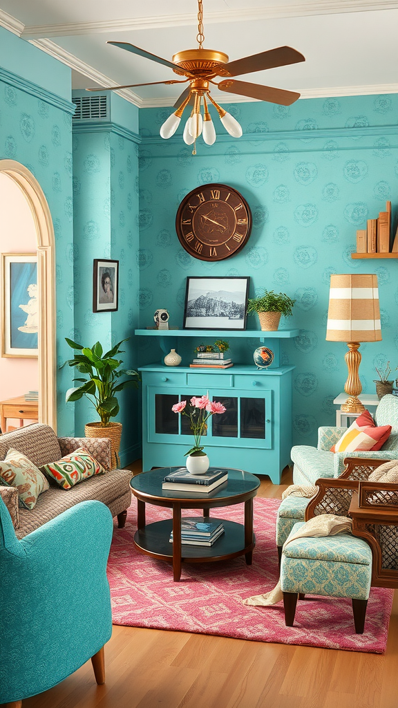 A vintage-inspired living room with turquoise walls and decor, featuring comfortable furniture and warm colors.
