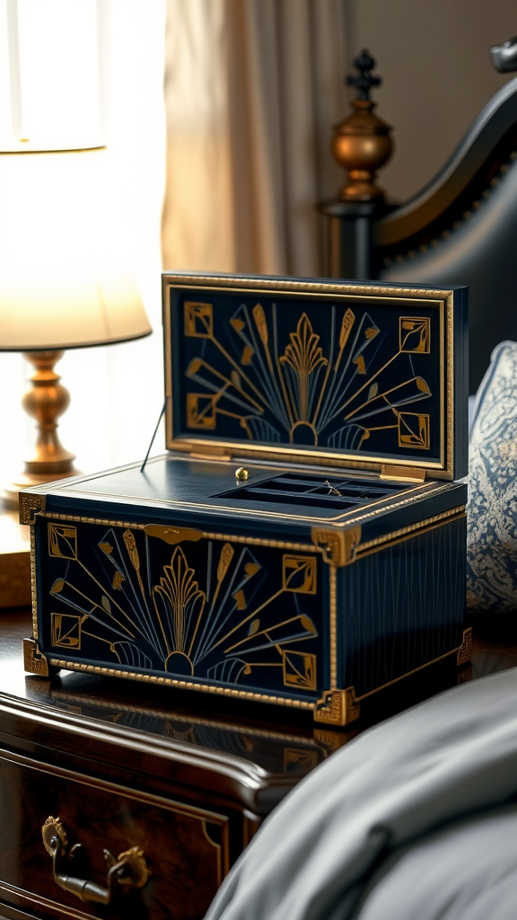 A vintage jewelry box with navy and gold design on a bedside table